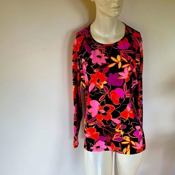 Land’s End Rash Guard coverup Black floral multi print Small Petite - Picture 1 of 5